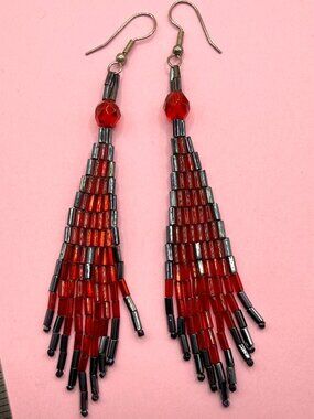 Long Shoulder Duster Hand Made Beaded Czech Glass Red Hematite Bead Earrings